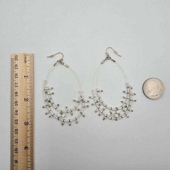 Women's Silver Tone Avon Bohemian Princess White Dangle Tear Drop Hoop Earrings - Picture 5 of 5